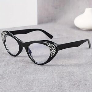 نظارات قراءة بتصميم عين القطة مرصعة بأحجار الراين، تكبير من +1.0 إلى +4.0، حجب الضوء الأزرق، نظارات أنيقة للنساء والرجال، إطار أسود - اختر مقاسك