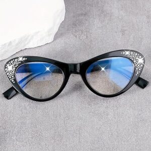 نظارات قراءة بتصميم عين القطة مرصعة بأحجار الراين، تكبير من +1.0 إلى +4.0، حجب الضوء الأزرق، نظارات أنيقة للنساء والرجال، إطار أسود - اختر مقاسك