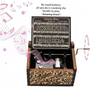 صندوق موسيقي يدوي، صندوق موسيقي خشبي "أمايزينج جريس" مع كلمات محفورة، تصميم كلاسيكي، خشب بني، 6.3 × 5 × 3.8 سم، لا يحتاج إلى بطارية