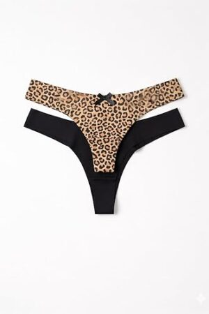 (قطعتان) سراويل داخلية نسائية - طقم من قطعتين (نقشة جلد النمر وأسود) | سراويل داخلية ناعمة مطاطية بدون خياطة، منخفضة الخصر، أنيقة ومريحة وجيدة التهوية. مقاس 28