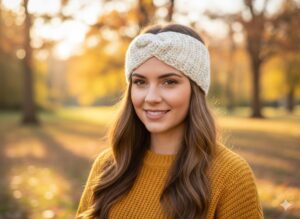 عصابة رأس شتوية محاكة يدوياً للنساء - 25 سم لتدفئة الأذنين ملتوية - كريم مع نقاط ألوان فاتحة - محاكاة ناعمة وسميكة بنمط مضلع