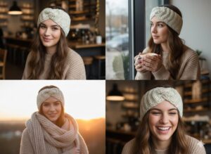 عصابة رأس شتوية محاكة يدوياً للنساء - 25 سم لتدفئة الأذنين ملتوية - كريم مع نقاط ألوان فاتحة - محاكاة ناعمة وسميكة بنمط مضلع