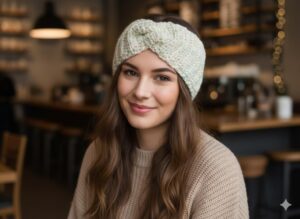 عصابة رأس شتوية محاكة يدوياً للنساء - 25 سم لتدفئة الأذنين ملتوية - كريم مع نقاط ألوان فاتحة - محاكاة ناعمة وسميكة بنمط مضلع