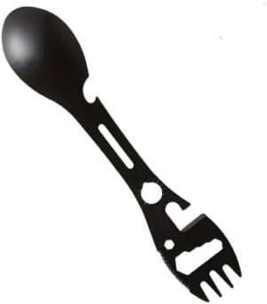 شوكة تخييم 10 في 1 من الفولاذ المقاوم للصدأ، أسود اللون، مزودة بشوكة، وفتاحة زجاجات، وفتاحة علب، ومفتاح ربط