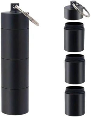 علبة حبوب ألومنيوم محمولة مقاومة للماء، قطعة واحدة، لحفظ الأدوية، مع زجاجة إسعافات أولية وحلقة مفاتيح، مناسبة للسفر - 3 غرف - أسود - طول 9 سم