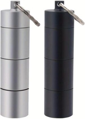 علبة حبوب ألومنيوم محمولة مقاومة للماء، قطعة واحدة، لحفظ الأدوية، مع زجاجة إسعافات أولية وحلقة مفاتيح، مناسبة للسفر - 3 غرف - أسود - طول 9 سم