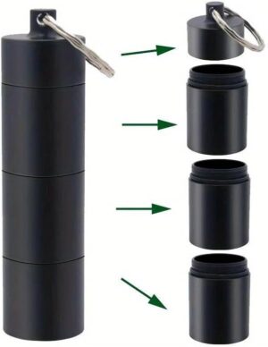 علبة حبوب ألومنيوم محمولة مقاومة للماء، قطعة واحدة، لحفظ الأدوية، مع زجاجة إسعافات أولية وحلقة مفاتيح، مناسبة للسفر - 3 غرف - أسود - طول 9 سم