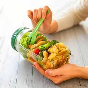 برطمان سلطة مع فتحة جانبية وحامل بهارات، زجاج شفاف بغطاء اخضر، 19 سم × 10 سم، امن للاستخدام في الميكروويف وغسالة الصحون، حاوية غداء محمولة للمكتب والسف