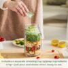 برطمان سلطة مع فتحة جانبية وحامل بهارات، زجاج شفاف بغطاء اخضر، 19 سم × 10 سم، امن للاستخدام في الميكروويف وغسالة الصحون، حاوية غداء محمولة للمكتب والسف