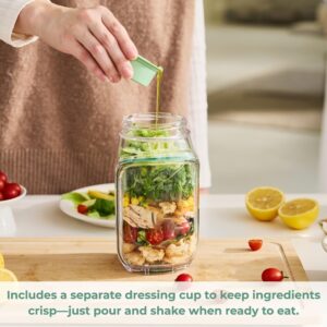 برطمان سلطة مع فتحة جانبية وحامل بهارات، زجاج شفاف بغطاء اخضر، 19 سم × 10 سم، امن للاستخدام في الميكروويف وغسالة الصحون، حاوية غداء محمولة للمكتب والسف