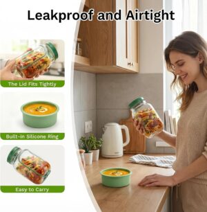 برطمان سلطة مع فتحة جانبية وحامل بهارات، زجاج شفاف بغطاء اخضر، 19 سم × 10 سم، امن للاستخدام في الميكروويف وغسالة الصحون، حاوية غداء محمولة للمكتب والسف