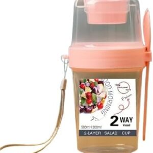 كوب سلطة بطبقتين مع علبة غمس مدمجة، وملعقة محمولة، مانع للتسرب، سعة 500 مل + 300 مل، للزبادي والفواكه والحبوب أثناء التنقل