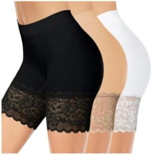 شورت داخلي للفساتين، مضاد للاحتكاك، ملابس داخلية قصيرة لتنحيف الفخذين، مزين بالدانتيل للنساء