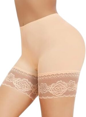 شورت داخلي للفساتين، مضاد للاحتكاك، ملابس داخلية قصيرة لتنحيف الفخذين، مزين بالدانتيل للنساء