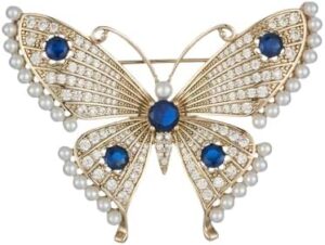 بروش فراشة أنيق مرصع بأحجار الراين الزرقاء واللؤلؤ الصناعي، مطلي بالذهب، على الطراز الكوري، مناسب لفساتين تشيونغسام والمناسبات الرسمية