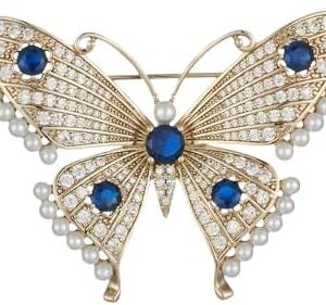 بروش فراشة أنيق مرصع بأحجار الراين الزرقاء واللؤلؤ الصناعي، مطلي بالذهب، على الطراز الكوري، مناسب لفساتين تشيونغسام والمناسبات الرسمية