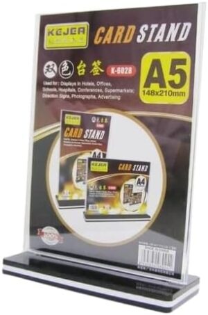 حامل لافتات اكريليك A5 من ماي سوق ايج - حامل عرض مزدوج الجوانب على شكل حرف T بقاعدة انيقة باللونين الاسود والابيض - قائمة عمودية وحامل بطاقات للمكتب والبيع بالتجزئة والمناسبات