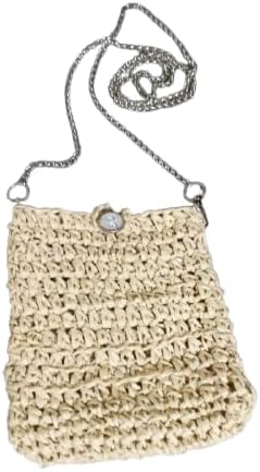 حقيبة كروس صغيرة مصنوعة يدويًا من الرافيا، لون بيج طبيعي، حزام سلسلة، حقيبة صغيرة بنمط بوهيمي 18 سم × 15 سم