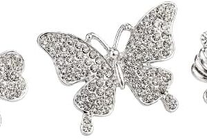 طقم بروش كريستالي أنيق (3 قطع) - إكسسوارات بروش متلألئة على شكل فراشة وزهرة ولؤلؤة للنساء - مثالي للفساتين والأوشحة والملابس الرسمية