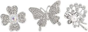 طقم بروش كريستالي أنيق (3 قطع) - إكسسوارات بروش متلألئة على شكل فراشة وزهرة ولؤلؤة للنساء - مثالي للفساتين والأوشحة والملابس الرسمية