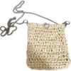 حقيبة كروس صغيرة مصنوعة يدويًا من الرافيا، لون بيج طبيعي، حزام سلسلة، حقيبة صغيرة بنمط بوهيمي 18 سم × 15 سم