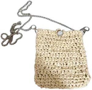 حقيبة كروس صغيرة مصنوعة يدويًا من الرافيا، لون بيج طبيعي، حزام سلسلة، حقيبة صغيرة بنمط بوهيمي 18 سم × 15 سم