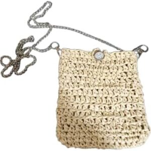 حقيبة كروس صغيرة مصنوعة يدويًا من الرافيا، لون بيج طبيعي، حزام سلسلة، حقيبة صغيرة بنمط بوهيمي 18 سم × 15 سم