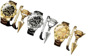 طقم ساعة كوارتز تناظرية فاخرة للرجال مع إكسسوارات، ذهبي وفضي، يتضمن سوارًا وخاتمًا، طقم هدايا من 12 قطعة