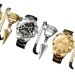 طقم ساعة كوارتز تناظرية فاخرة للرجال مع إكسسوارات، ذهبي وفضي، يتضمن سوارًا وخاتمًا، طقم هدايا من 12 قطعة