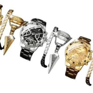 طقم ساعة كوارتز تناظرية فاخرة للرجال مع إكسسوارات، ذهبي وفضي، يتضمن سوارًا وخاتمًا، طقم هدايا من 12 قطعة