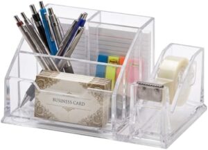 منظم مكتب أكريليك شفاف متعدد الأقسام، مثالي للمكتب والمنزل والمدرسة، لتنظيم الأقلام والملاحظات والبطاقات والأغراض الصغيرة على المكتب.