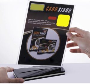 حامل لافتات اكريليك A5 من ماي سوق ايج - حامل عرض مزدوج الجوانب على شكل حرف T بقاعدة انيقة باللونين الاسود والابيض - قائمة عمودية وحامل بطاقات للمكتب والبيع بالتجزئة والمناسبات