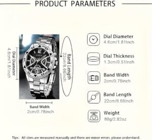 طقم ساعة كوارتز تناظرية فاخرة للرجال مع إكسسوارات، ذهبي وفضي، يتضمن سوارًا وخاتمًا، طقم هدايا من 12 قطعة