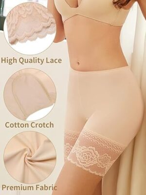 شورت داخلي للفساتين، مضاد للاحتكاك، ملابس داخلية قصيرة لتنحيف الفخذين، مزين بالدانتيل للنساء