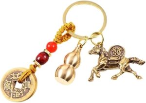 سلسلة مفاتيح فنغ شوي على الطراز الصيني مع حصان الأبراج، وخمس عملات إمبراطور، وقرعة نحاسية، وزينة لجلب البركة والثروة، هدية