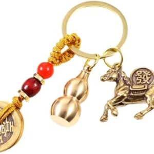 سلسلة مفاتيح فنغ شوي على الطراز الصيني مع حصان الأبراج، وخمس عملات إمبراطور، وقرعة نحاسية، وزينة لجلب البركة والثروة، هدية