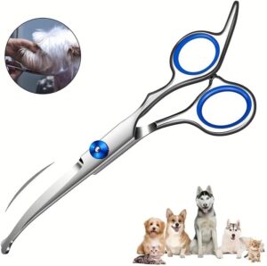 مقص احترافي للعناية بالحيوانات الأليفة، مصنوع من الفولاذ المقاوم للصدأ، بشفرة منحنية ذات طرف دائري آمن، مقص لتخفيف شعر الكلاب والقطط