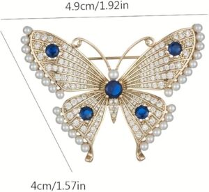 بروش فراشة أنيق مرصع بأحجار الراين الزرقاء واللؤلؤ الصناعي، مطلي بالذهب، على الطراز الكوري، مناسب لفساتين تشيونغسام والمناسبات الرسمية