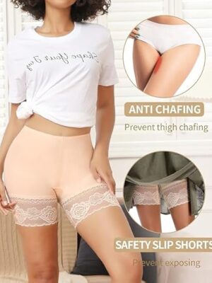 شورت داخلي للفساتين، مضاد للاحتكاك، ملابس داخلية قصيرة لتنحيف الفخذين، مزين بالدانتيل للنساء