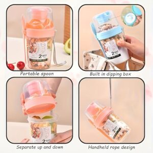 كوب سلطة بطبقتين مع علبة غمس مدمجة، وملعقة محمولة، مانع للتسرب، سعة 500 مل + 300 مل، للزبادي والفواكه والحبوب أثناء التنقل