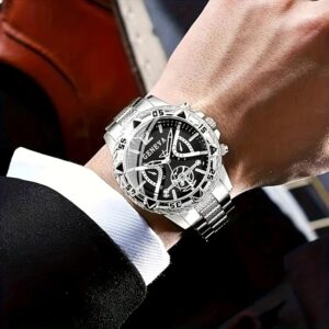 طقم ساعة كوارتز تناظرية فاخرة للرجال مع إكسسوارات، ذهبي وفضي، يتضمن سوارًا وخاتمًا، طقم هدايا من 12 قطعة