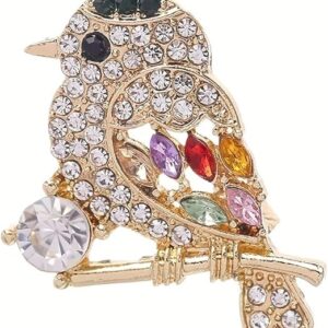 بروش كريستال للطيور من ميسوق ستور، لون ذهبي، حجر الراين الملون، طائر على فرع، 3 سم × 2.5 سم، دبوس طية صدر عصري