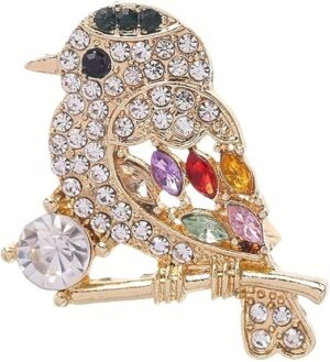 بروش كريستال للطيور من ميسوق ستور، لون ذهبي، حجر الراين الملون، طائر على فرع، 3 سم × 2.5 سم، دبوس طية صدر عصري
