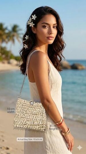 حقيبة كروس صغيرة مصنوعة يدويًا من الرافيا، لون بيج طبيعي، حزام سلسلة، حقيبة صغيرة بنمط بوهيمي 18 سم × 15 سم