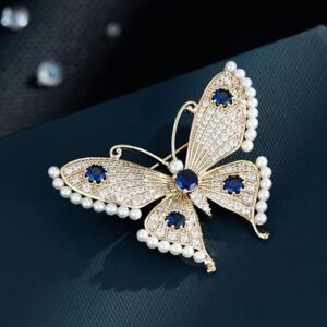 بروش فراشة أنيق مرصع بأحجار الراين الزرقاء واللؤلؤ الصناعي، مطلي بالذهب، على الطراز الكوري، مناسب لفساتين تشيونغسام والمناسبات الرسمية