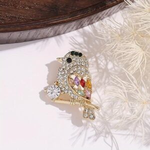 بروش كريستال للطيور من ميسوق ستور، لون ذهبي، حجر الراين الملون، طائر على فرع، 3 سم × 2.5 سم، دبوس طية صدر عصري