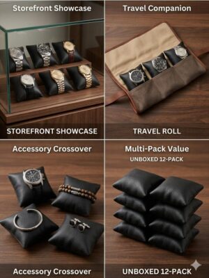 وسائد ساعات فاخرة للعرض والتخزين - عبوة من 12 وسادة مجوهرات من الجلد الصناعي الأسود لصناديق الساعات، والحافظات، والأدراج