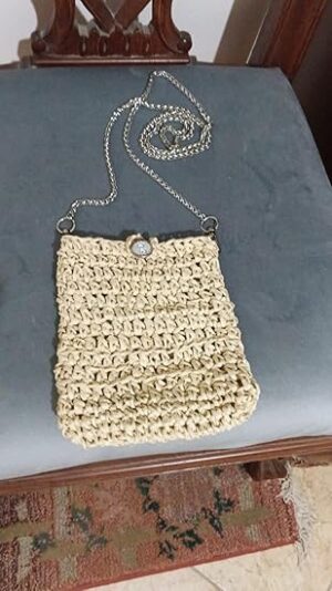 حقيبة كروس صغيرة مصنوعة يدويًا من الرافيا، لون بيج طبيعي، حزام سلسلة، حقيبة صغيرة بنمط بوهيمي 18 سم × 15 سم