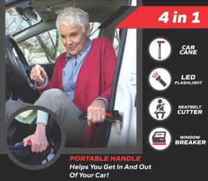 (قطعة واحدة) 4 في 1 قضيب دعم محمول للسيارة، أداة مساعدة على الحركة، أداة هروب طارئة مع مطرقة لكسر الزجاج وقاطع حزام الأمان