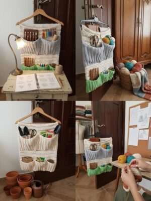 منظم حائط معلق للكروشيه مصنوع يدويًا - حامل متعدد الجيوب للخيوط والإكسسوارات - وحدة تخزين ديكورية من 3 طبقات لغرف الحرف اليدوية - أزرق، أخضر، وكريمي - 60 × 40 سم